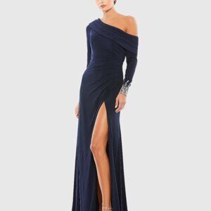 Mac Duggal Navy Beaded Drop Shoulder Faux Wrap Gown 6